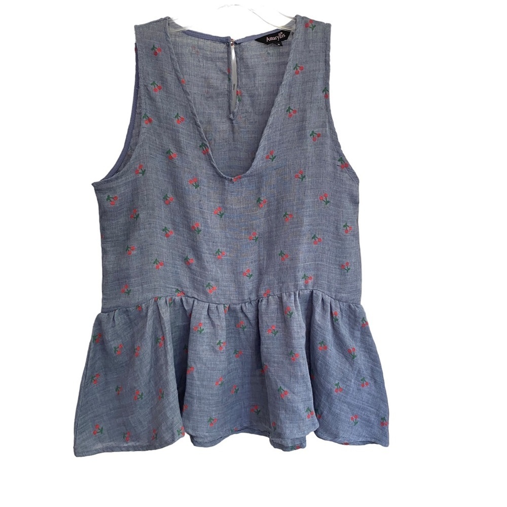AMARYLLIS Peplum Blue Cotton Cherry Print Cotton Sleeveless